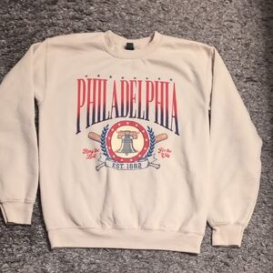 Gildan Cream Crewneck Sweatshirt with Red and Blue Philadelphia Graphic